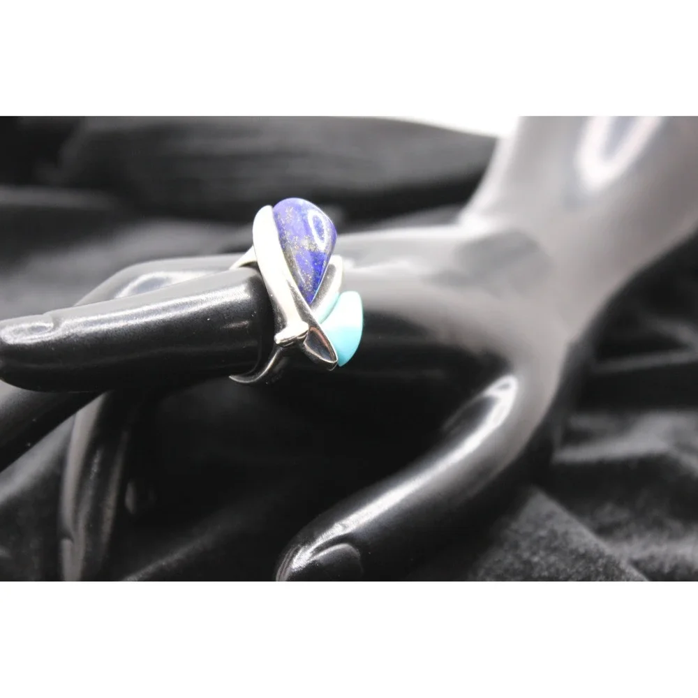 Modernist Sterling Silver Lapis Lazuli and Turquoise Bypass Ring Size 7.75